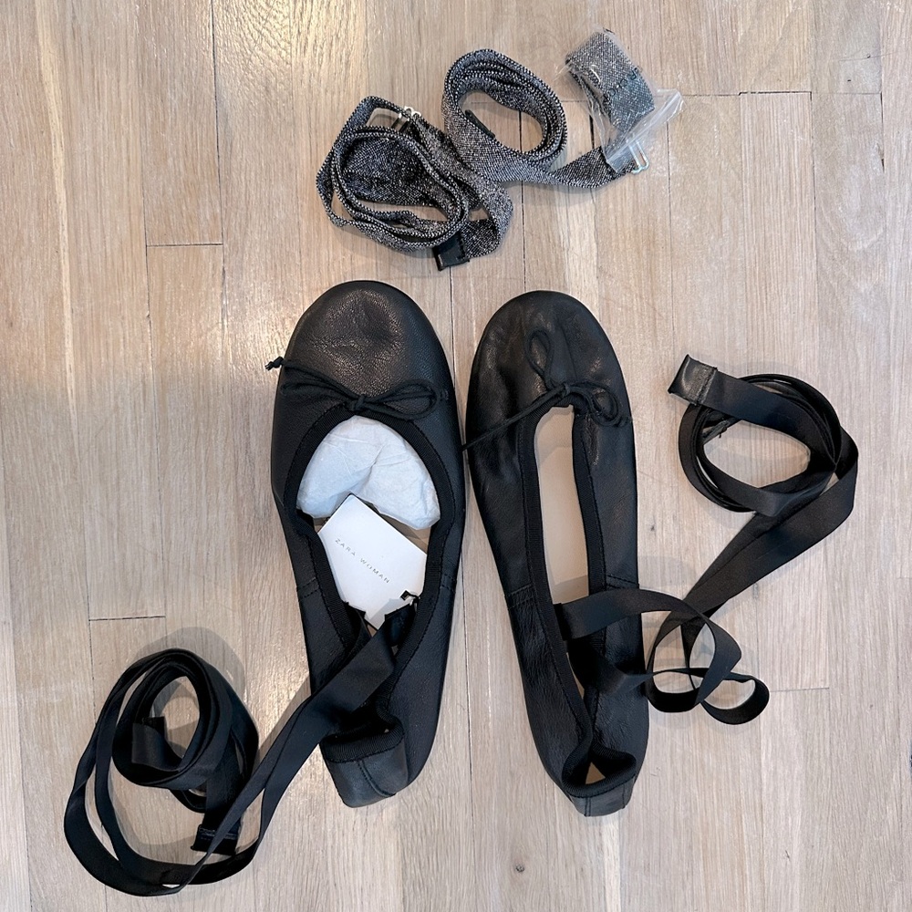 BNWT Zara black leather Lace Up Ballet Flats with bow | Size 8 39 | Brand New